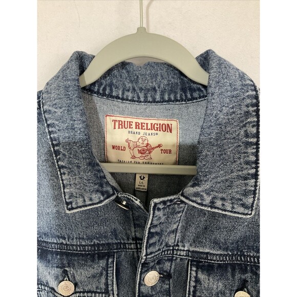 True Religion Denim Trucker Jacket Men's L Medium Wash Tape Logo NEW MSRP$179 - Picture 5 of 15